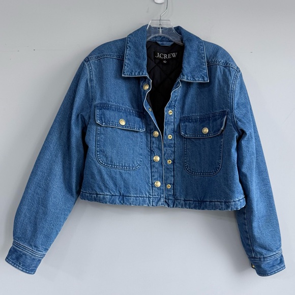 J Crew Cropped Denim Puffer Jacket Blue Quilted Jean Coat 90s Street Style S - Picture 11 of 13